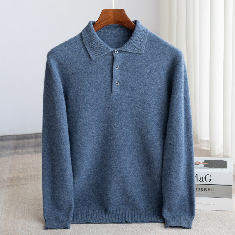Fall Fine Wool Knit Button Polo Sweater for Men in Light Blue
