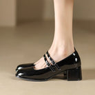 Fall Faux Leather Block Heel Mary Jane Pumps for Women in Black