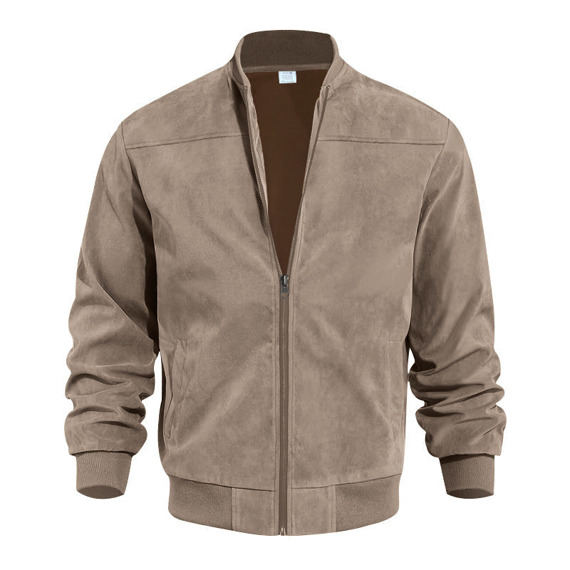 Suede Bomber Jacket Mens Band Collar Zip Front Rib Knit Trim