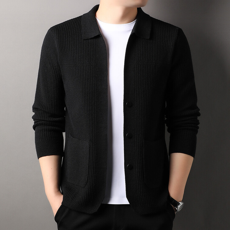 Cardigan Sweater Mens Rib Knit Point Collar Button Front Pockets