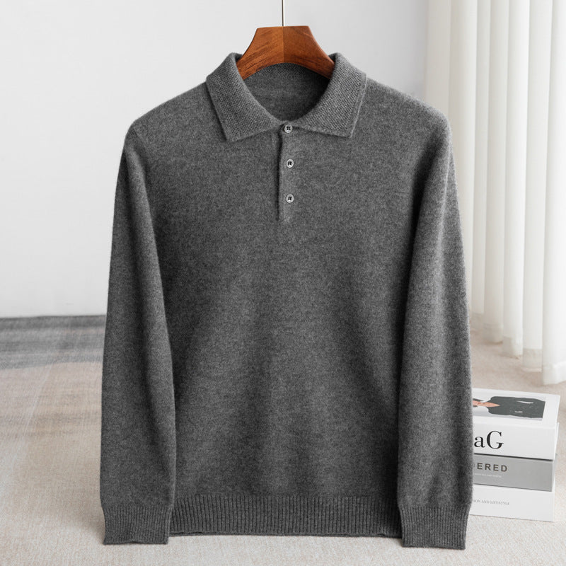 Fall Fine Wool Knit Button Polo Sweater for Men in Dark Gray
