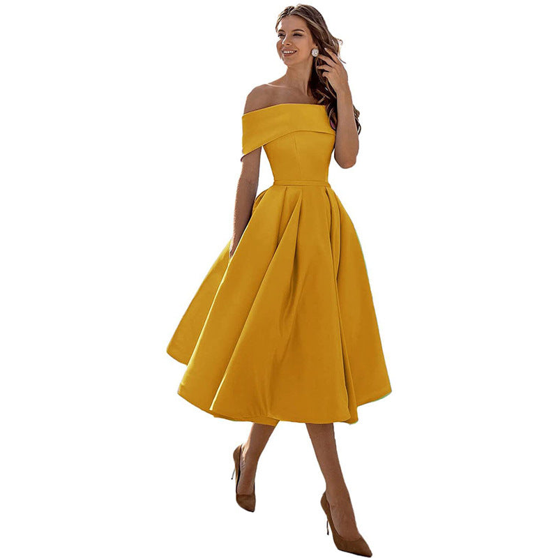 Satin Off Shoulder Pleated Midi Party Dress for Women in Mustard Yellow