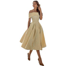 Satin Off Shoulder Pleated Midi Party Dress for Women in Beige