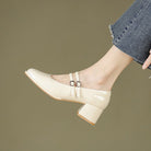 Fall Faux Leather Block Heel Mary Jane Pumps for Women in Cream