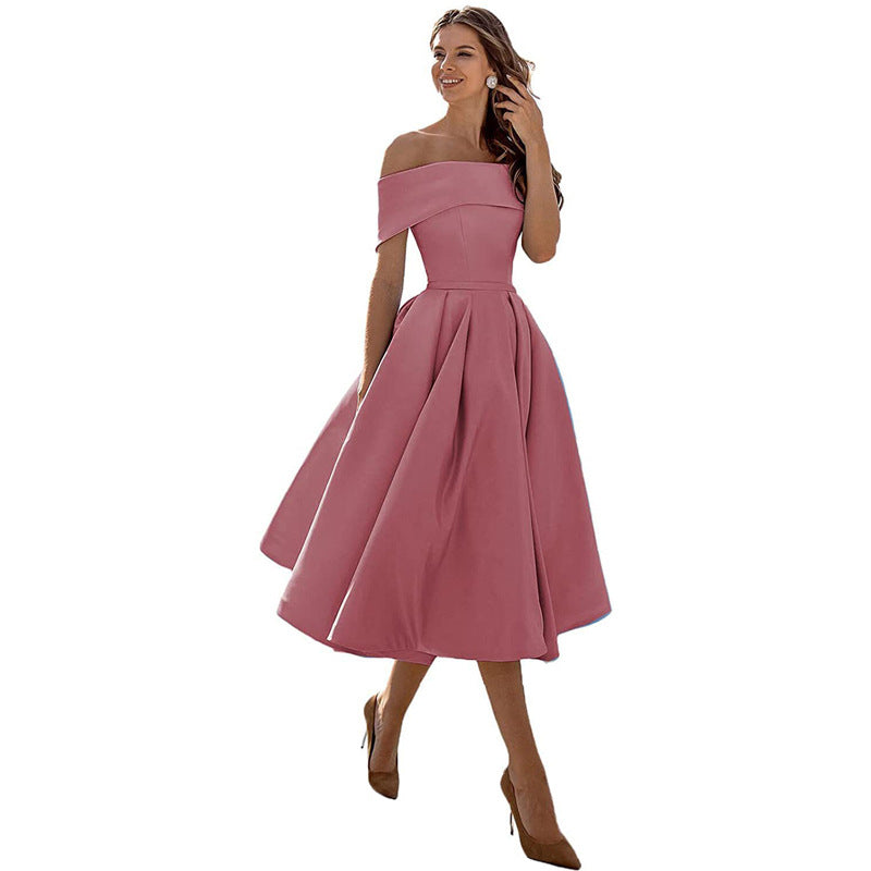 Satin Off Shoulder Pleated Midi Party Dress for Women in Dusty Pink