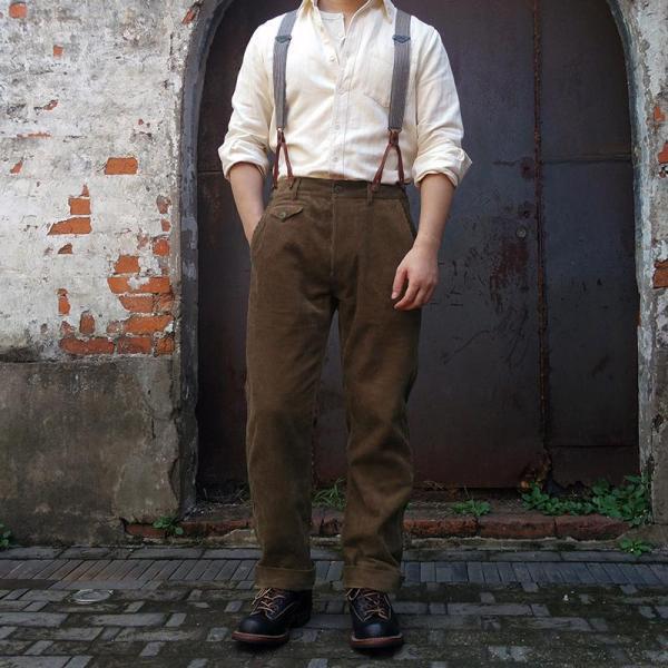 Pleated pant with adjustable suspenders in brown