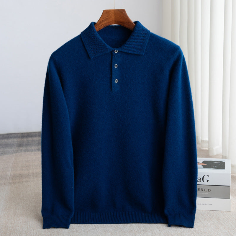 Fall Fine Wool Knit Button Polo Sweater for Men in Dark Blue