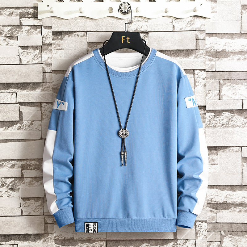 Cotton blend sporty crew neck sweatshirt in blue