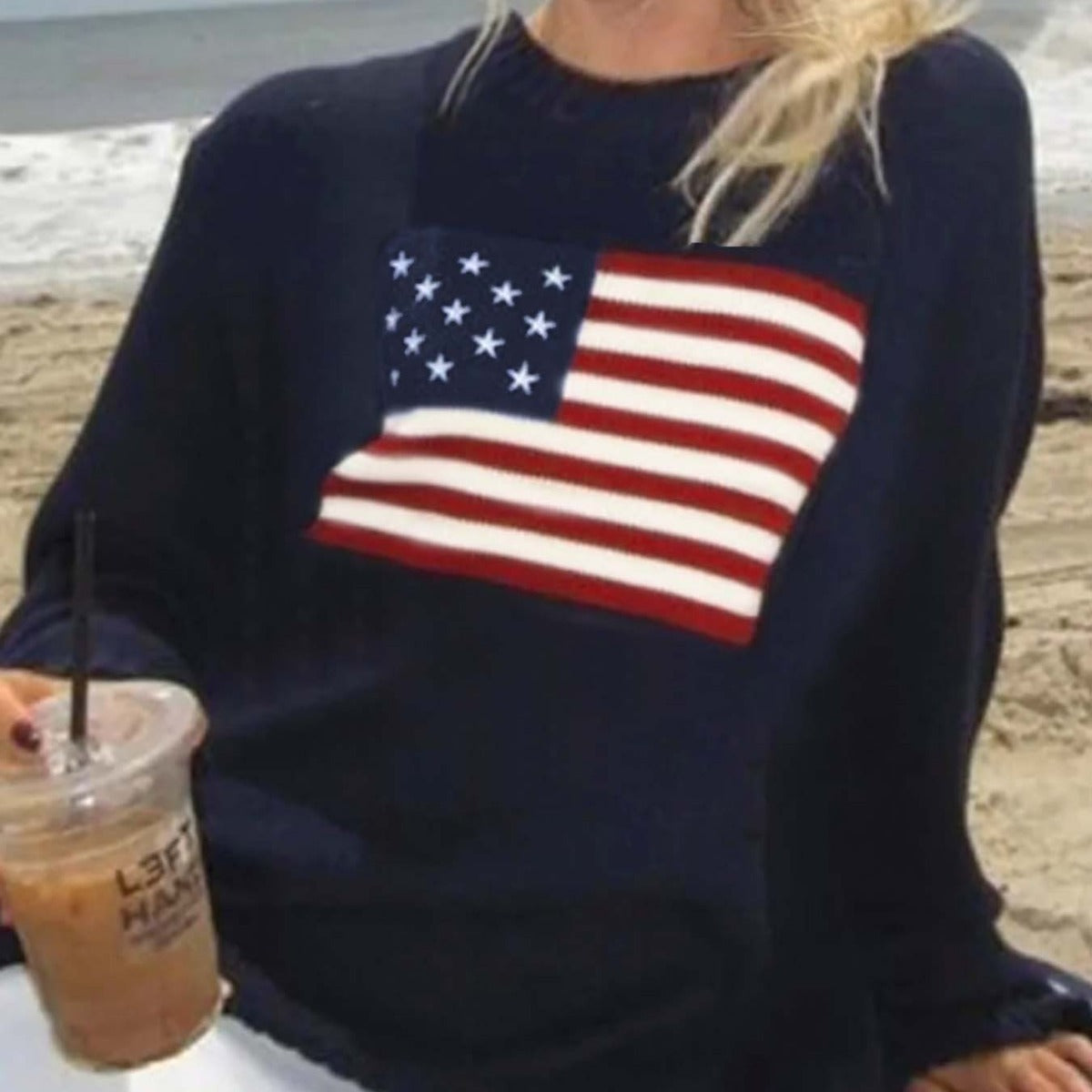 American flag motif knit sweater, view 1