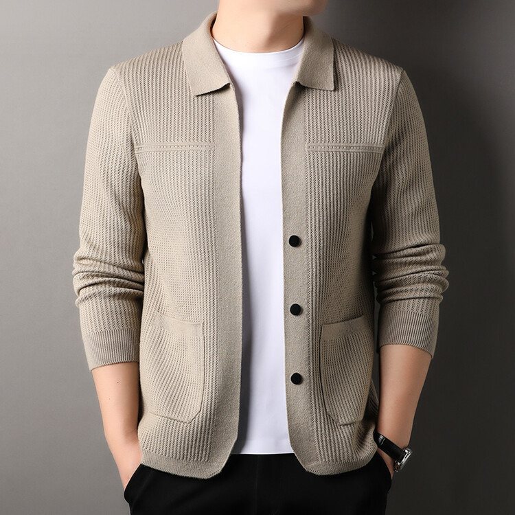 Cardigan Sweater Mens Rib Knit Point Collar Button Front Pockets