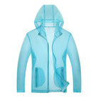Ultralight hooded rain jacket with reflective trim in light blue