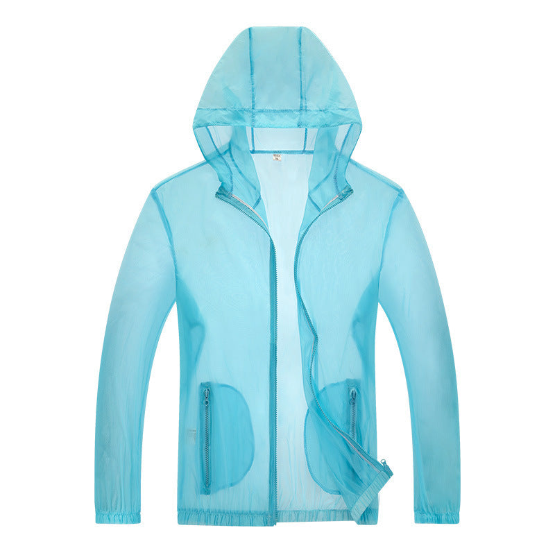 Ultralight hooded rain jacket with reflective trim in light blue