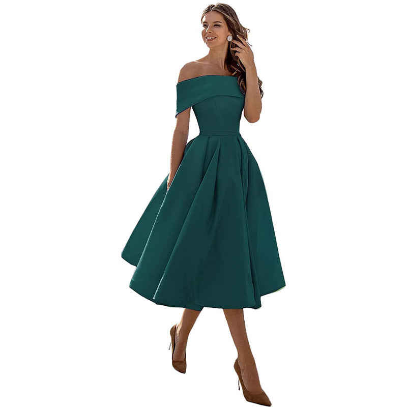 Satin Off Shoulder Pleated Midi Party Dress for Women in Dark Green