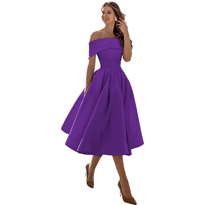 Satin Off Shoulder Pleated Midi Party Dress for Women in Purple