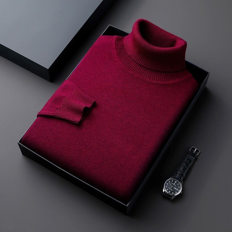 Winter Soft Fine Knit Turtleneck Sweater for Men in Dark Red