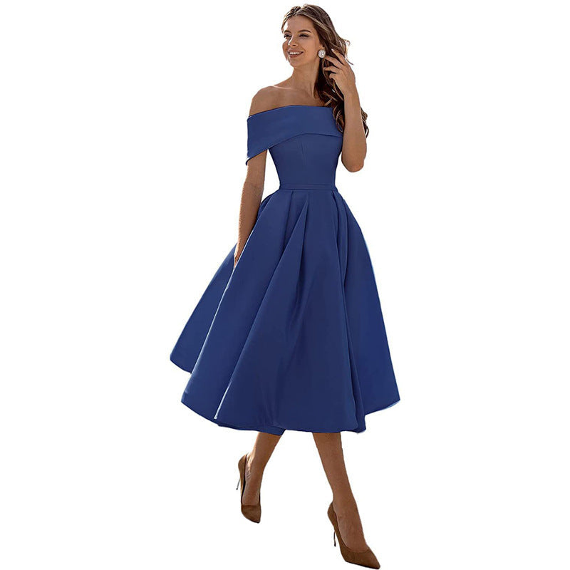 Satin Off Shoulder Pleated Midi Party Dress for Women in Navy