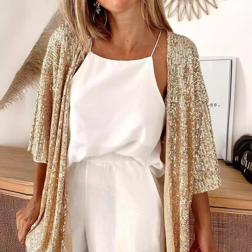 Sequin embellished loose fit knit cardigan, view 3