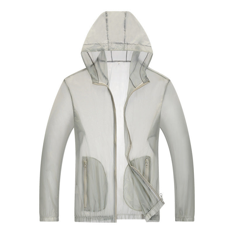Ultralight hooded rain jacket with reflective trim in gray