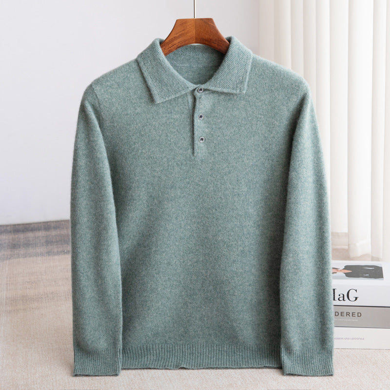 Fall Fine Wool Knit Button Polo Sweater for Men in Green