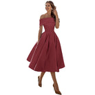 Satin Off Shoulder Pleated Midi Party Dress for Women in Burgundy