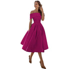Satin Off Shoulder Pleated Midi Party Dress for Women in Magenta