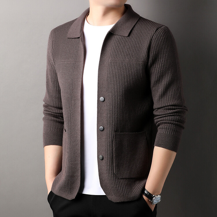 Cardigan Sweater Mens Rib Knit Point Collar Button Front Pockets