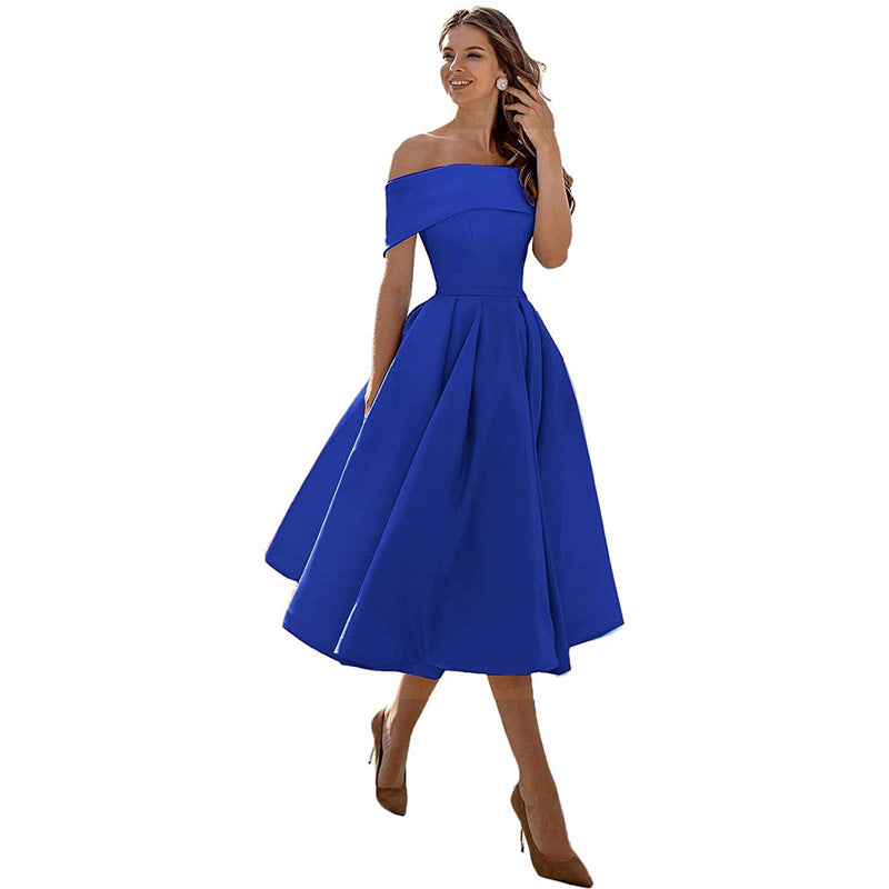 Satin Off Shoulder Pleated Midi Party Dress for Women in Royal Blue