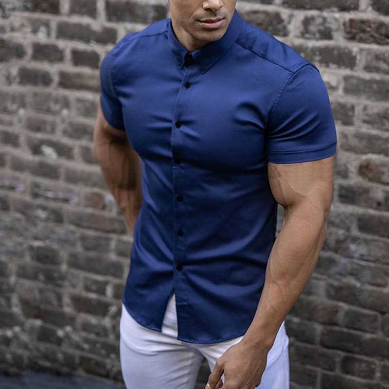 Slim fit lightweight short sleeve shirt in dark blue