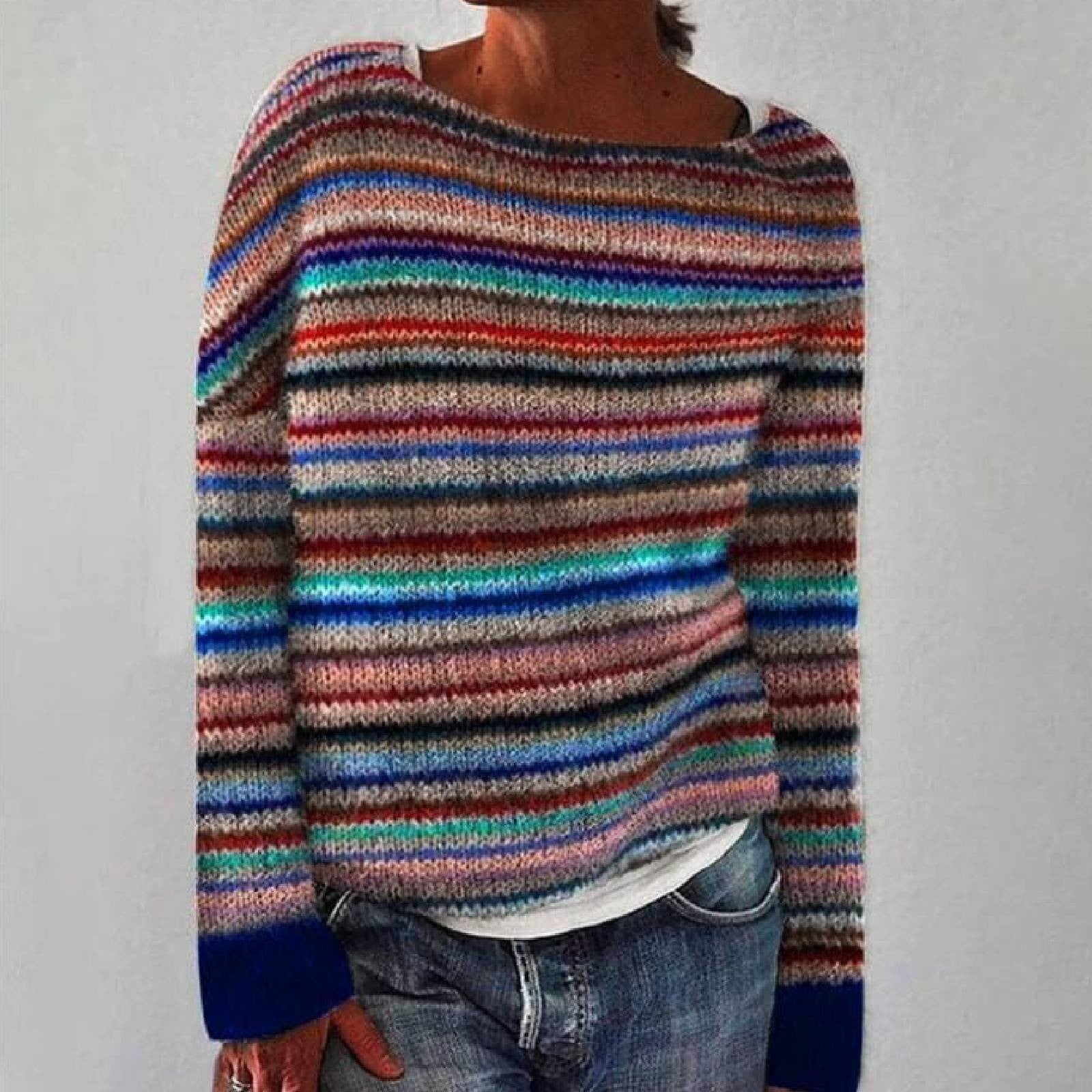 Fall Striped Brushed Knit Boat Neck Oversized Sweater for Women