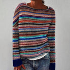 Fall Striped Brushed Knit Boat Neck Oversized Sweater for Women