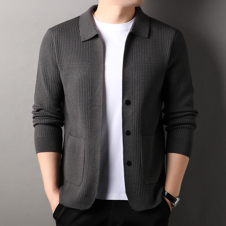 Cardigan Sweater Mens Rib Knit Point Collar Button Front Pockets