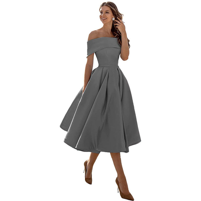 Satin Off Shoulder Pleated Midi Party Dress for Women