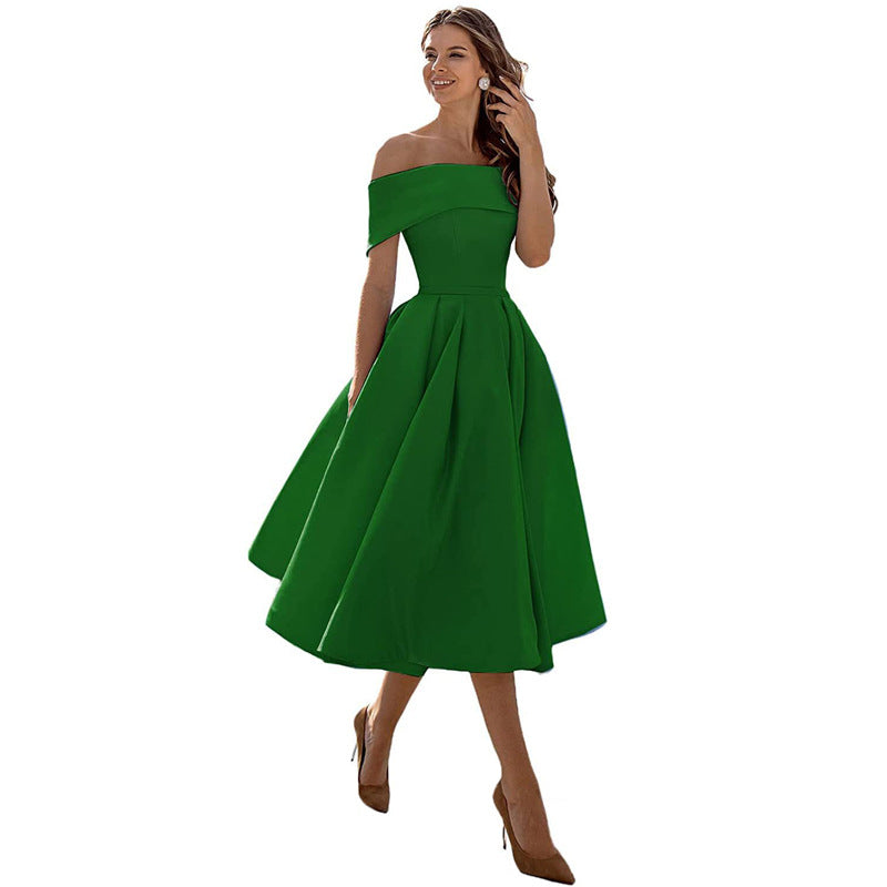 Satin Off Shoulder Pleated Midi Party Dress for Women in Emerald Green
