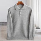 Fall Fine Wool Knit Button Polo Sweater for Men in Light Gray