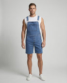 Durable denim bib short with pockets in dark blue