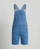 Durable denim bib short with pockets in light blue