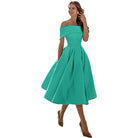 Satin Off Shoulder Pleated Midi Party Dress for Women in Turquoise
