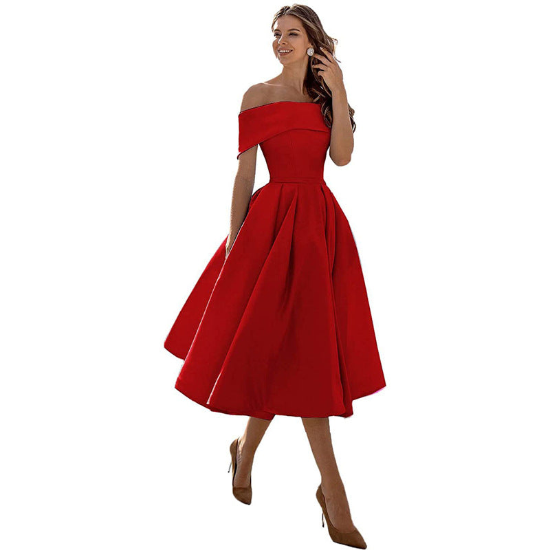 Satin Off Shoulder Pleated Midi Party Dress for Women in Red