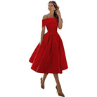 Satin Off Shoulder Pleated Midi Party Dress for Women in Red