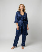 Silk pajama set with piped trim in blue