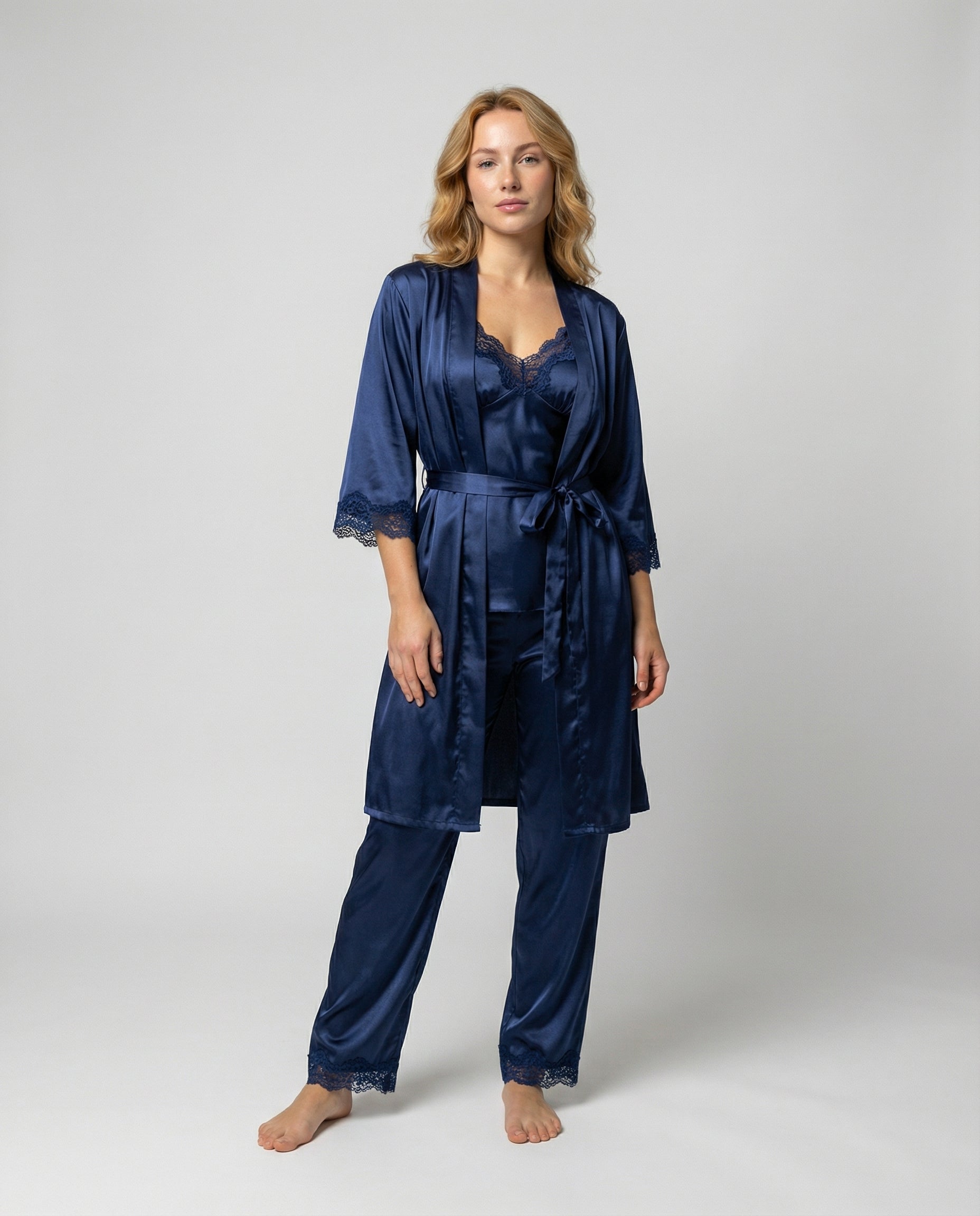 Silk pajama set with piped trim in blue