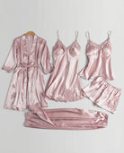 Silk pajama set with piped trim in pink