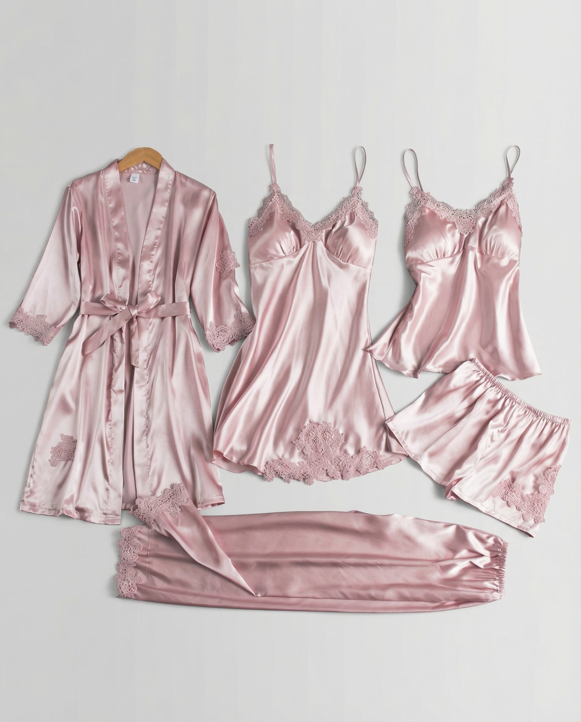 Silk pajama set with piped trim in pink