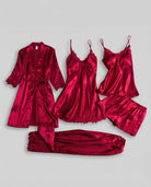 Silk pajama set with piped trim in red