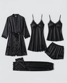 Silk pajama set with piped trim in black