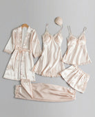 Silk pajama set with piped trim in white gold