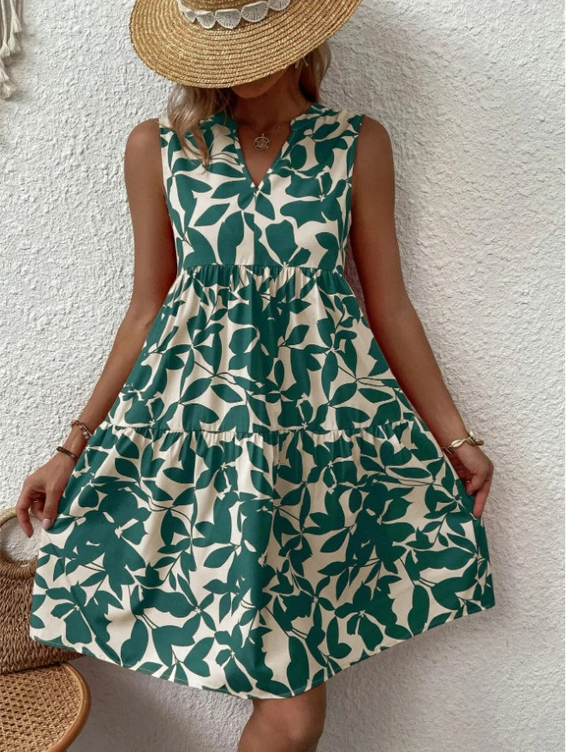 Boho floral V-neck strappy mini dress in green