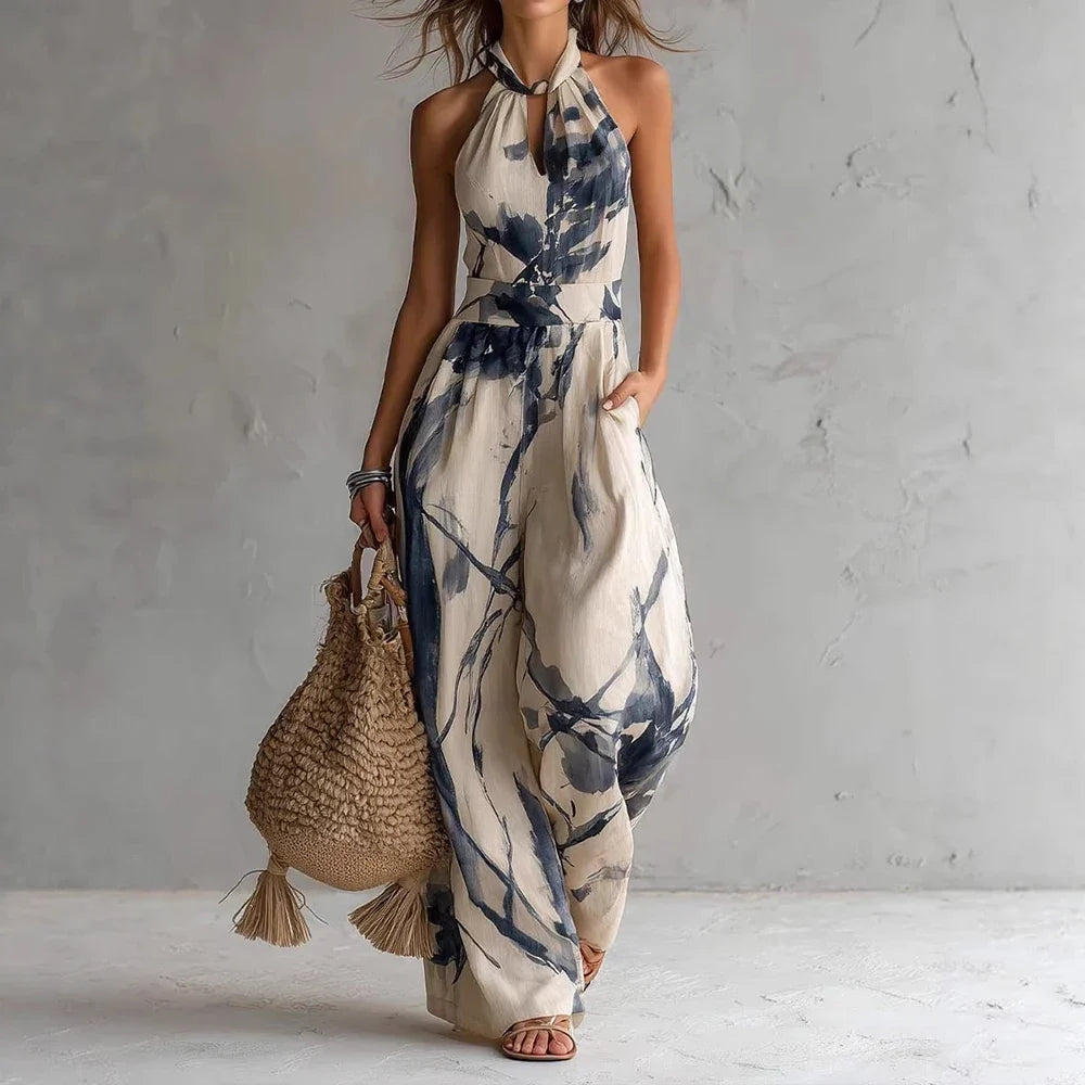 Halter neck watercolor print flowy maxi dress in light blue