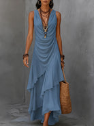Tiered ruffle ruched waist boho maxi dress in blue