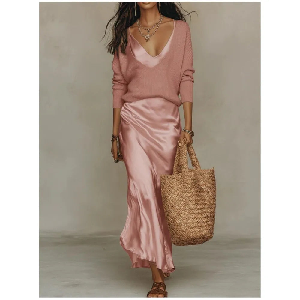 Knit top and satin slip skirt two piece set in pink